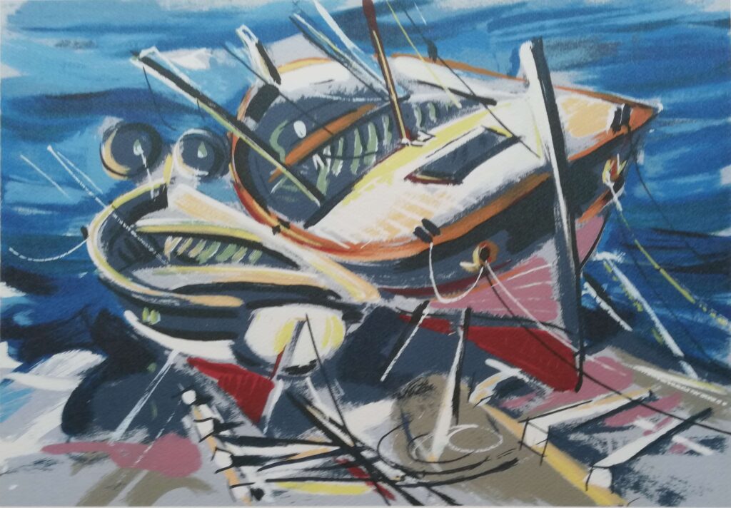 „Barke” – Mateo Solis, grafika, 50 × 70 cm.