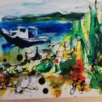 „Usidreni brod” – Dan Trantina, tempera na papiru, 30 × 40 cm.
