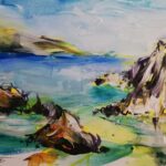 „Paška obala” – Dan Trantina, tempera na papiru, 30 × 40 cm.