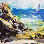 „Jedrilica u daljini” – Dan Trantina, tempera na papiru, 30 × 40 cm.
