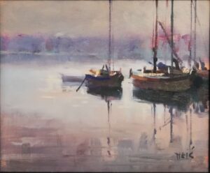 dav „Jedrilice u luci” – Zakir Muminović, ulje na platnu, 24 × 40 cm.